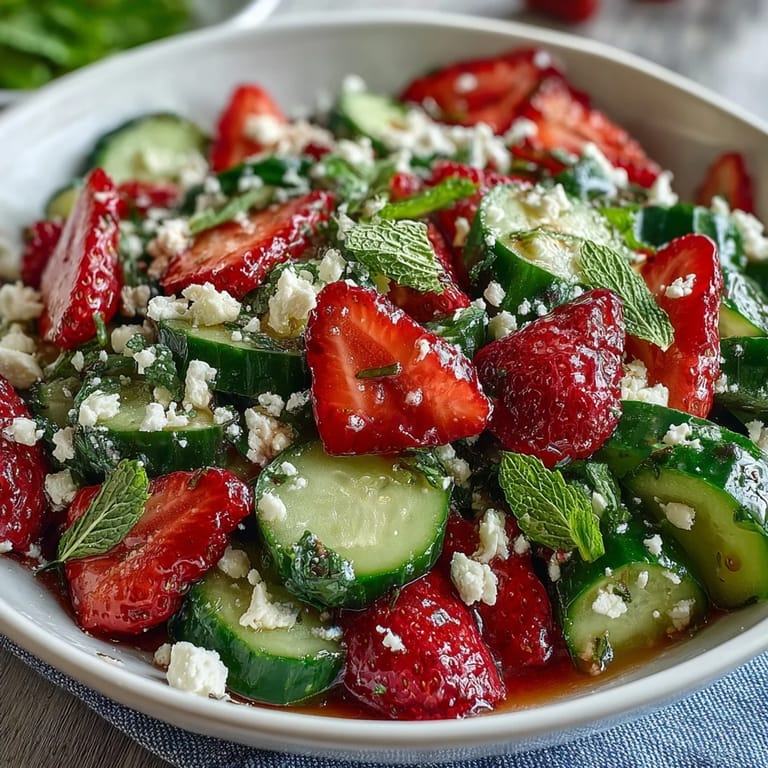 A vibrant spring salad of cucumber, strawberries, and mint, topped with feta and almonds for a sweet and savory bite.  