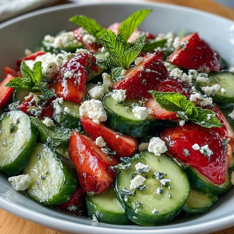 Crisp cucumber and juicy strawberries mixed with mint, served on baby greens with a tangy lemon-olive oil dressing.