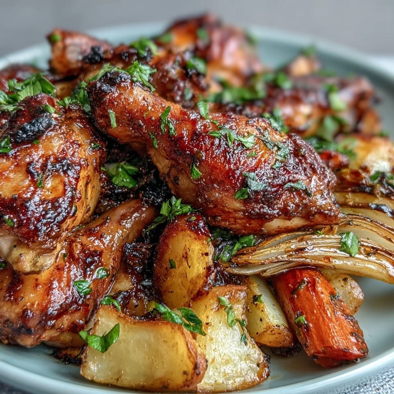 Aromatic herb chicken and colorful root vegetables, oven-roasted to perfection, ready to serve with fresh parsley.