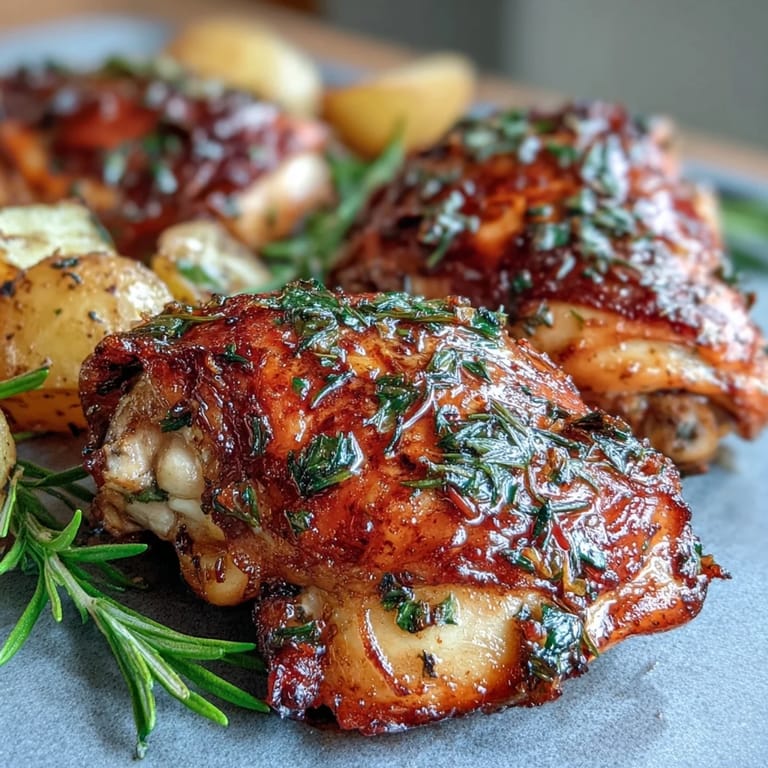 Aromatic Lemon Herb Roasted Chicken with Baby Potatoes, bursting with fresh lemon, rosemary, and thyme, served on a rustic platter.  
