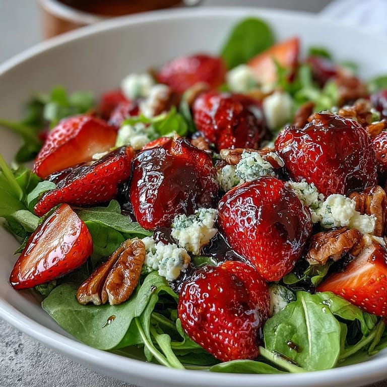 Fresh strawberry arugula salad with goat cheese, toasted nuts, and zesty lemon dressing—a colorful spring dinner party centerpiece.