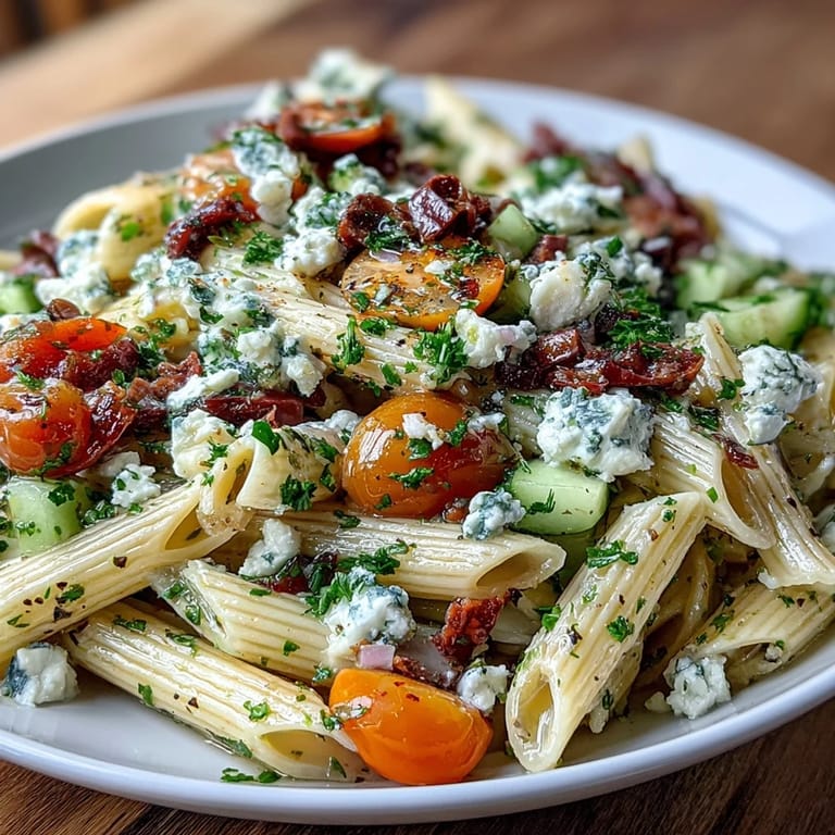 Fresh Greek pasta salad with olives and feta, featuring crisp cucumbers, juicy tomatoes, and briny Kalamata olives in a herb-infused olive oil dressing.