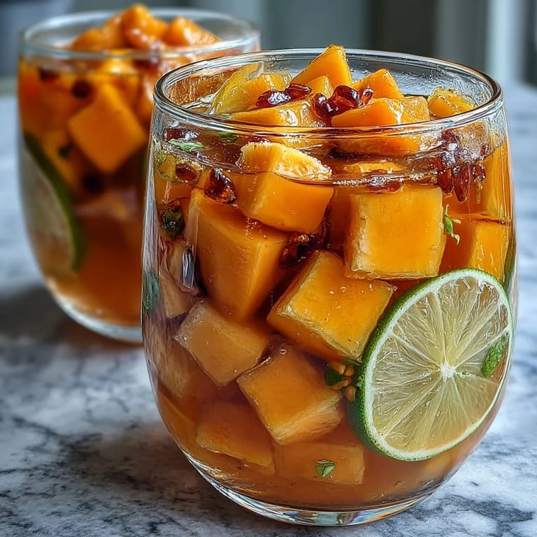 Chilled pitcher of mango peach sangria featuring juicy fruit slices, bright citrus, and a splash of sparkling water for a festive summer mocktail.
