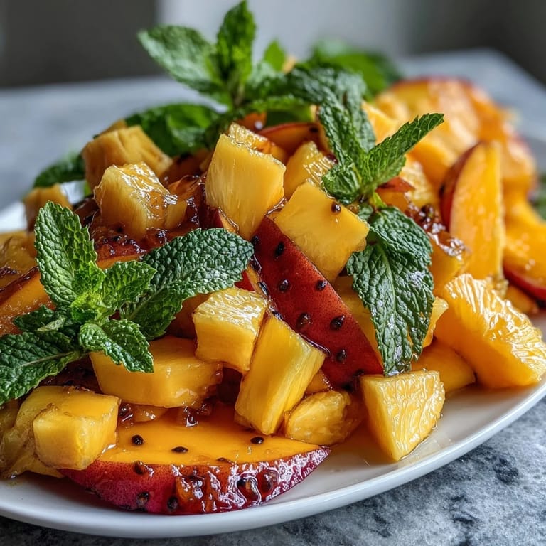 Colorful tropical fruit platter featuring ripe mangoes, pineapples, and fresh berries arranged for a stunning summer spread.