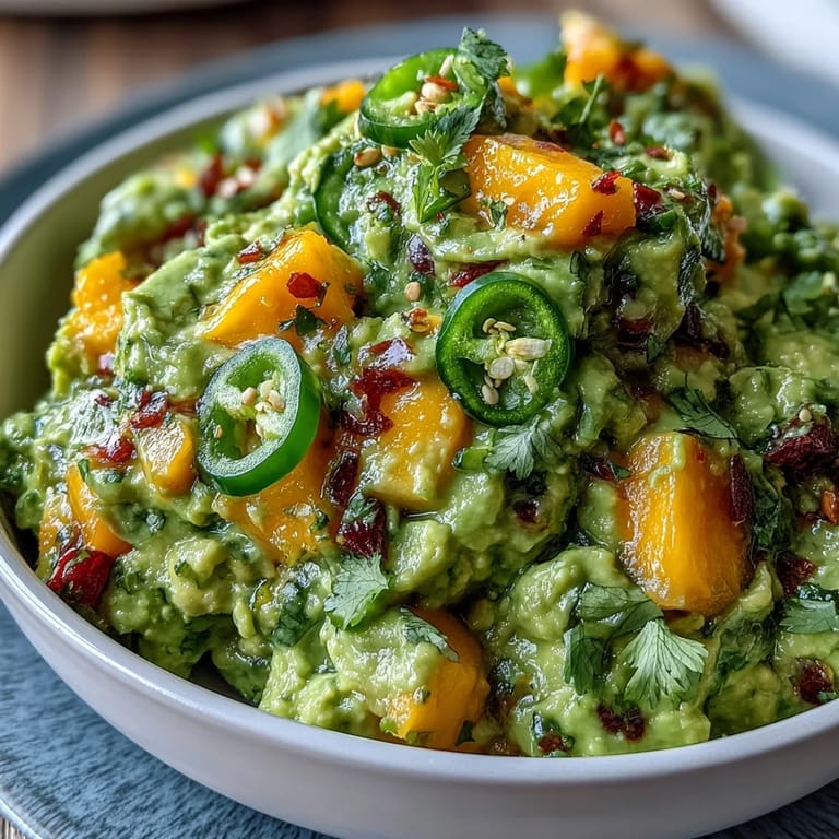 Creamy avocado dip with sweet mango and spicy jalapeño, ideal for festive Mexican appetizers.  