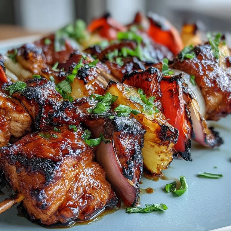 Tropical-inspired grilled pineapple chicken skewers featuring tender chicken, caramelized pineapple, and vibrant vegetables on wooden sticks.