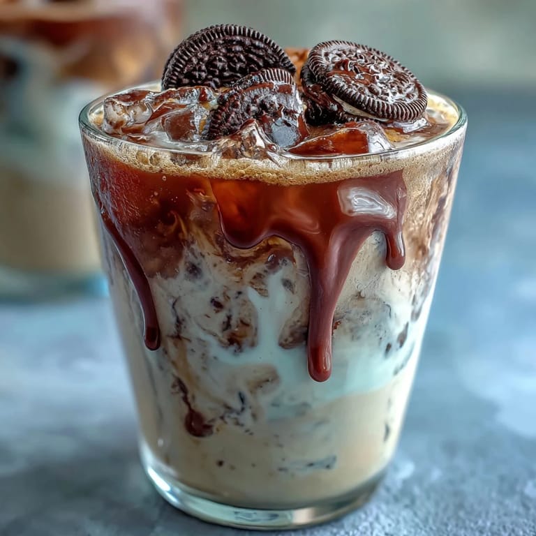 Indulgent cookies and cream cold brew layered with ice, cold brew coffee, and cookies-and-cream milk for a refreshing dessert drink.
