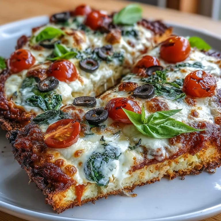Protein-packed cottage cheese flatbread pizza featuring bubbly cheese, olives, and basil for a healthy, satisfying meal.