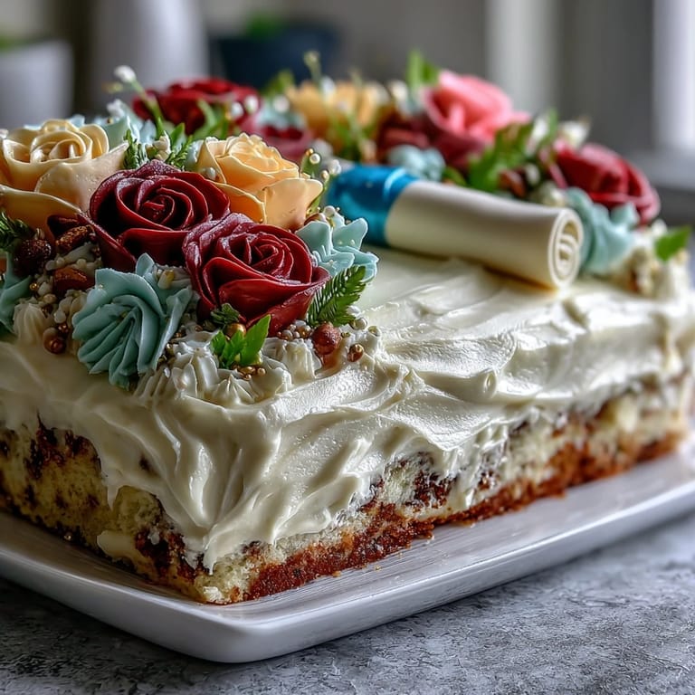 Elegant graduation sheet cake with buttercream roses and diploma, showcasing delicate buttercream roses and a fondant diploma for a sweet graduation celebration.