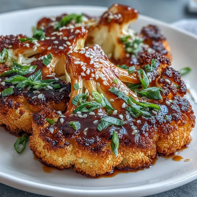 Oven-roasted teriyaki cauliflower steaks, tender and caramelized, perfect as a hearty vegetarian main dish.  