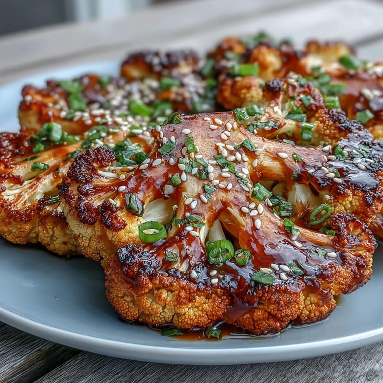 Thick cauliflower steaks baked until golden, brushed with rich teriyaki glaze, and topped with toasted sesame seeds.