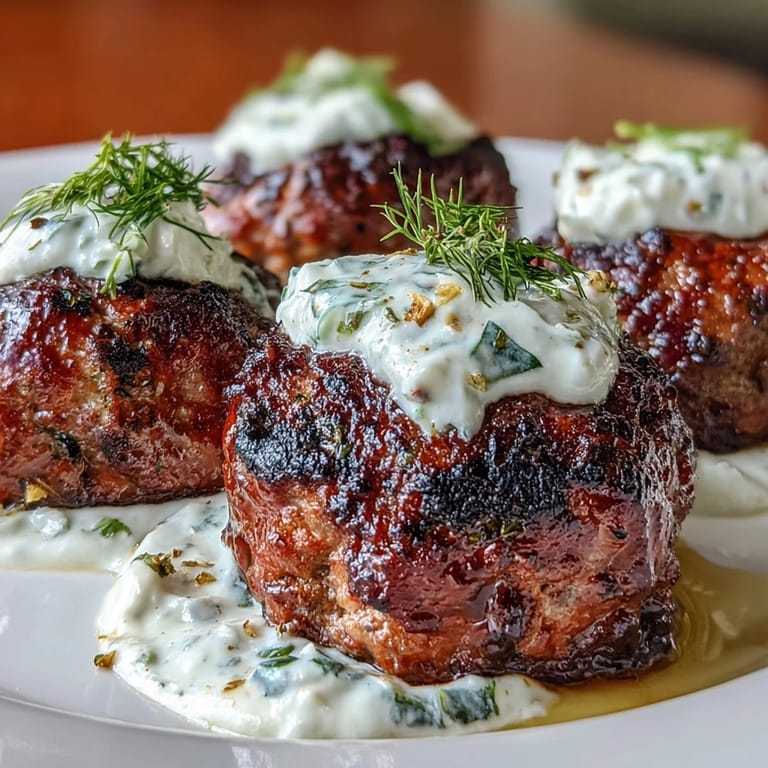 Tender spiced lamb kofta kebabs drizzled with refreshing mint and dill tzatziki, perfect for a flavorful Middle Eastern meal.  