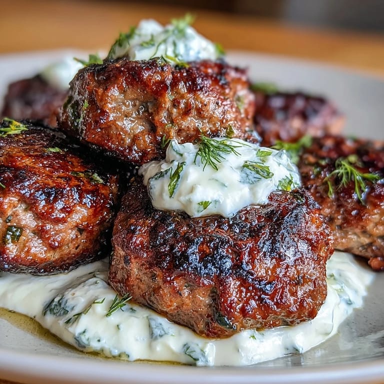 Savory grilled lamb kofta with aromatic herbs and spices, paired with cooling cucumber and yogurt tzatziki for a balanced dish.