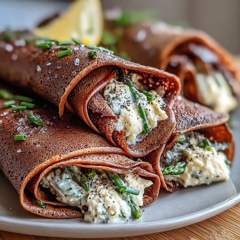 Elegant vegetarian crepes with buckwheat batter, seasonal veggies, and rich herbed ricotta and goat cheese filling.