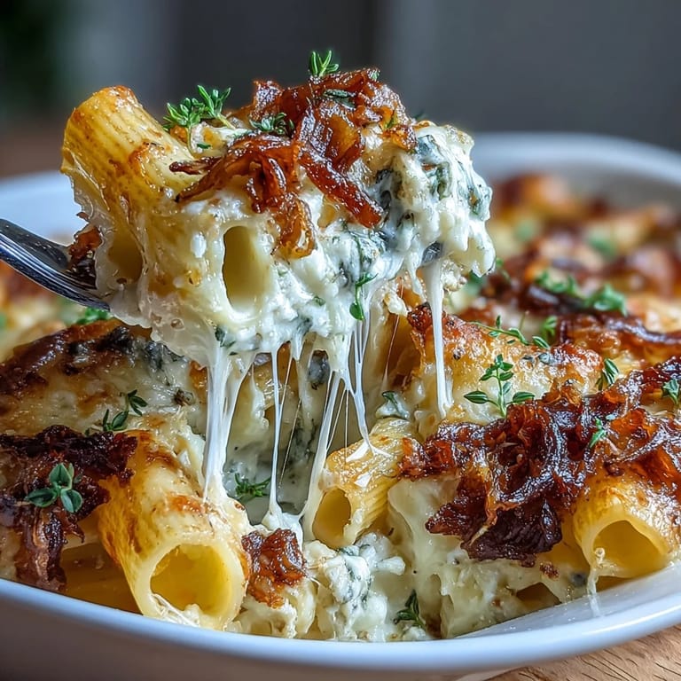Baked pasta dish featuring tender rigatoni, deeply caramelized onions, and a bubbling Gruyère cheese topping.