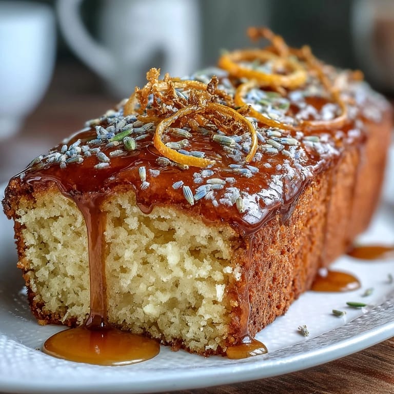 Moist and tender lemon lavender cake with floral notes, topped with a glossy honey lemon glaze for a perfect teatime treat.  