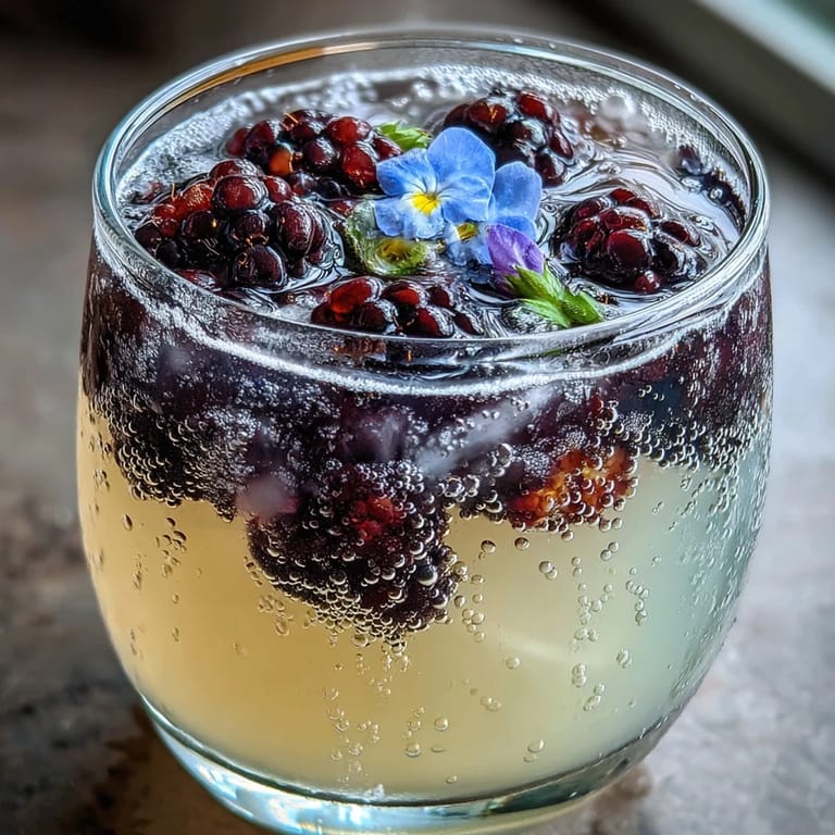 Sparkling blackberry lavender lemonade with crushed ice, fresh mint, and edible flowers, ideal for refreshing garden gatherings.  