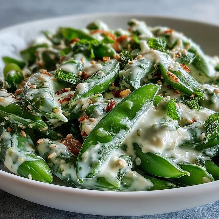 Crisp snap peas and radishes tossed in lemon-tahini dressing, garnished with fresh herbs and sesame seeds.