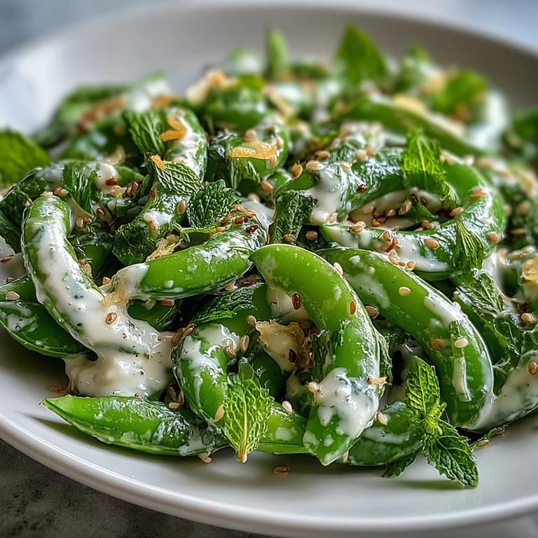Vibrant spring salad featuring snap peas, radishes, and mint, drizzled with smooth tahini-lemon dressing.
