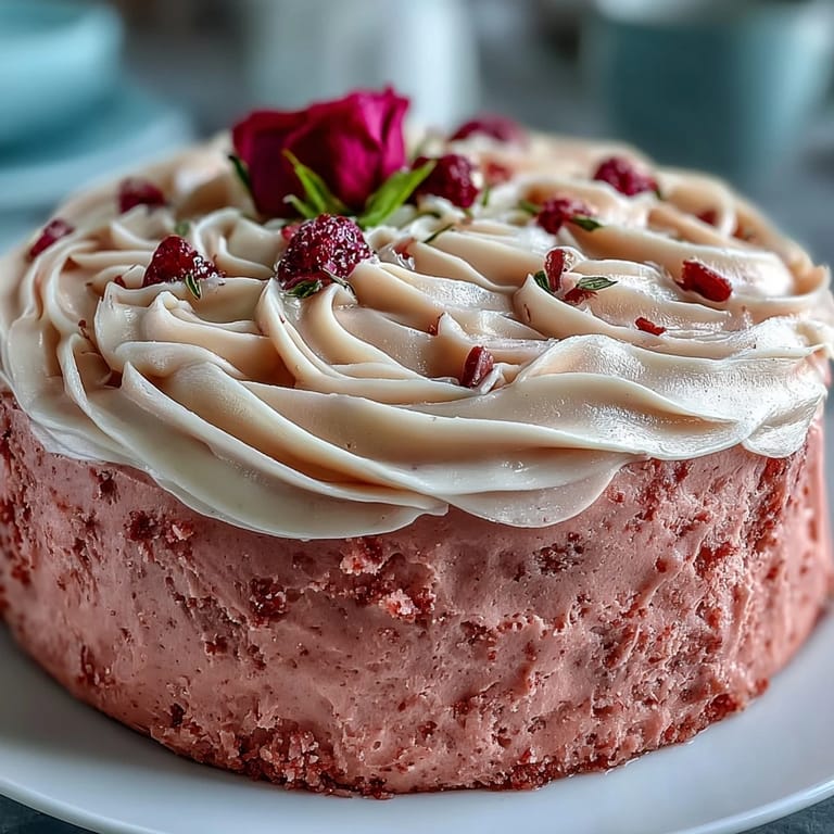 Delicate Bridal Shower Rosé Velvet Cake with shimmering gold drip and creamy frosting.