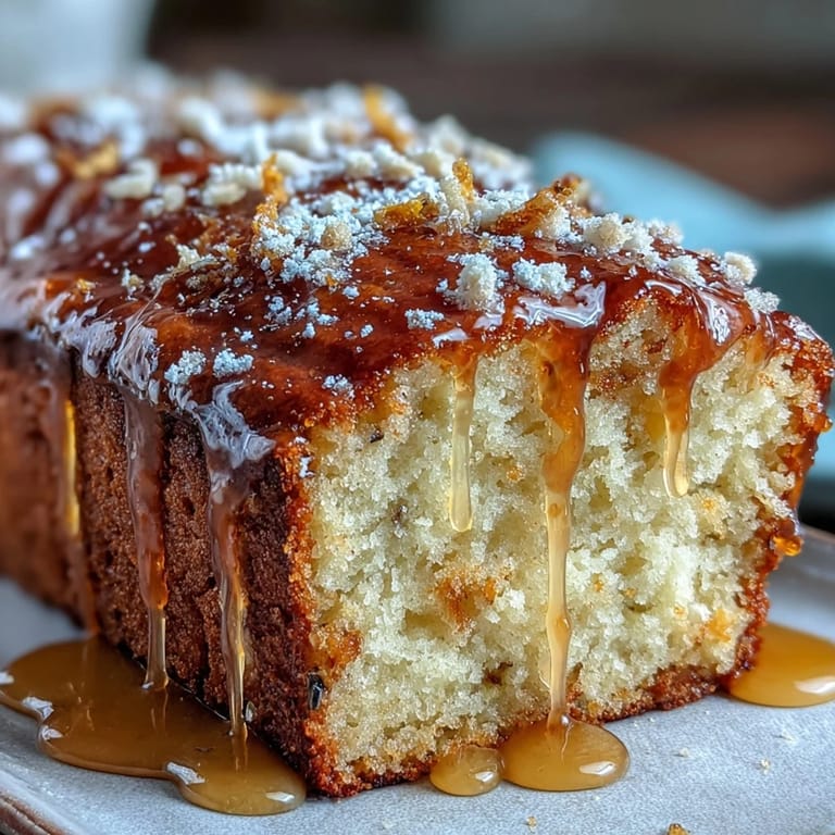 Fragrant lemon lavender loaf cake slice on a rustic plate, showcasing the delicate crumb and honey glaze drizzle.