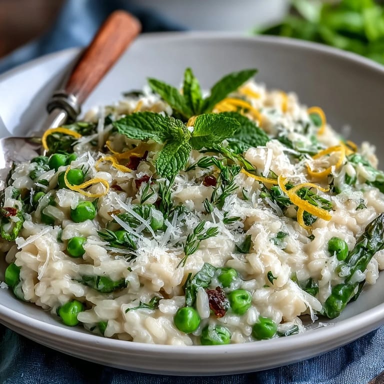 Arborio rice cooked to creamy perfection with spring peas, aged Parmesan, and fresh mint, finished with a hint of lemon zest.