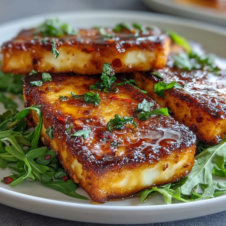 Crispy pan-seared halloumi cheese topped with sweet and spicy chili-infused honey on a bed of peppery arugula.  