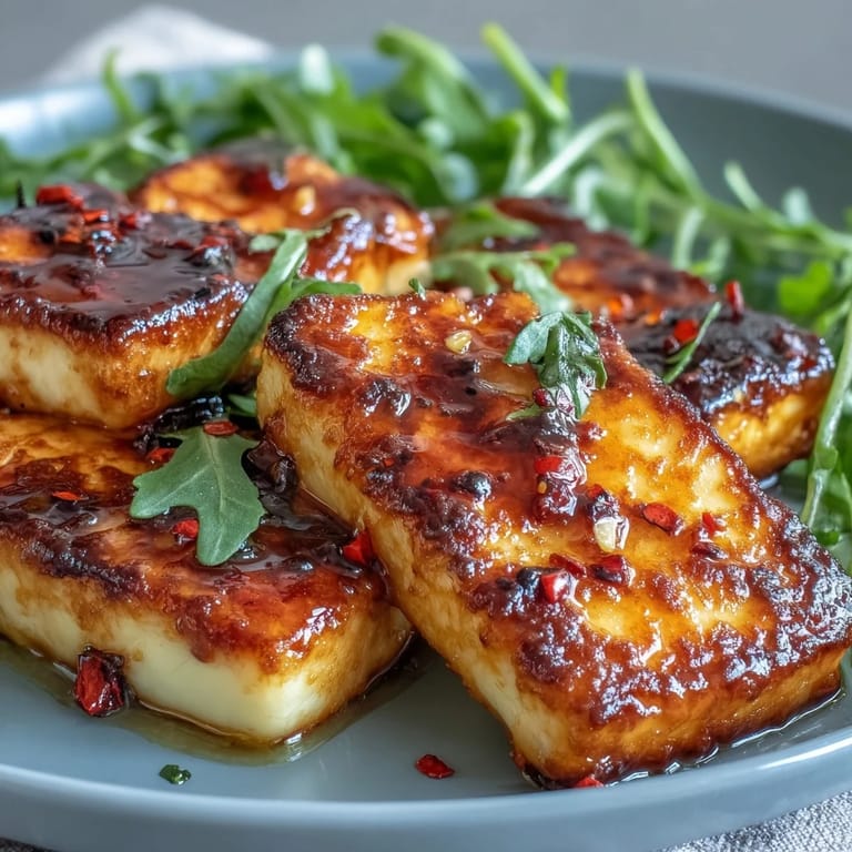 Warm halloumi with hot honey and arugula creates a quick, vegetarian dish perfect for light lunches or appetizers.