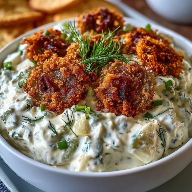 Delicious fried pickle dip with ranch and cream cheese – party perfect.