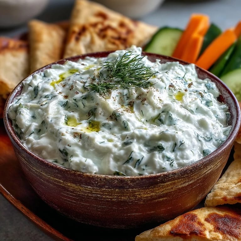 Skyr tzatziki dip, vibrant with dill and cucumber, perfect for dipping!