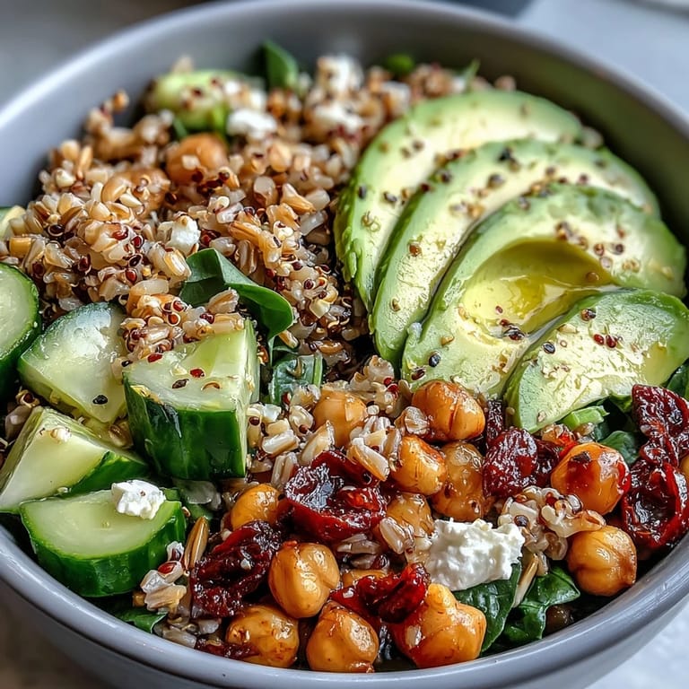 Hearty Ancient Grains Bowl, featuring plump chickpeas and fresh veggies, ready to enjoy.