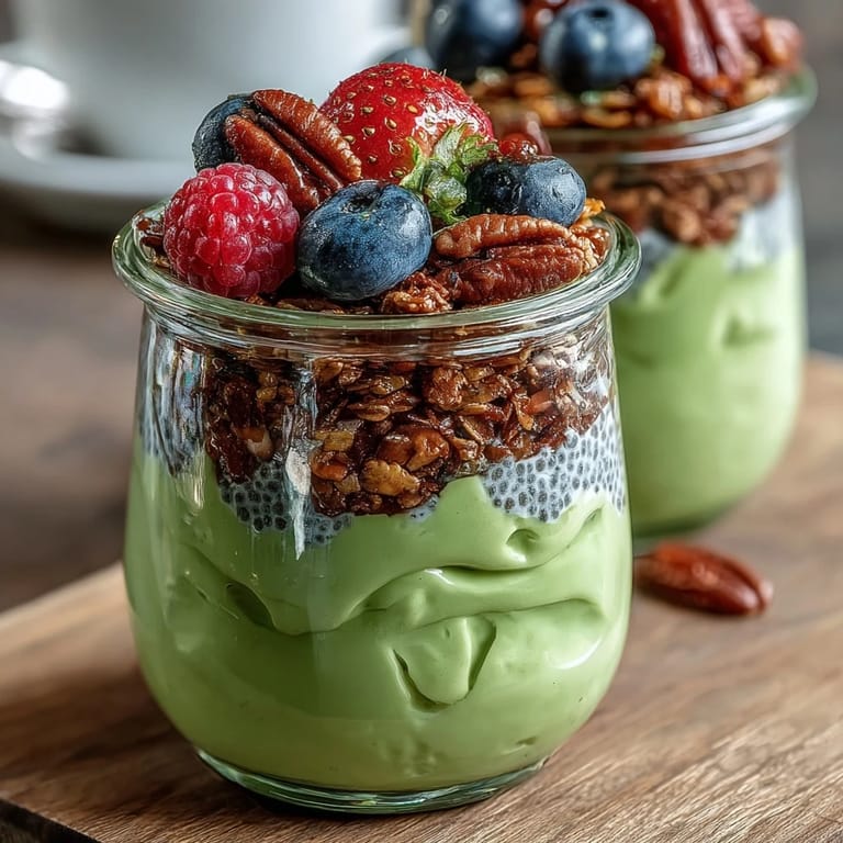Layered fiber-rich avocado chia pudding parfait, a vibrant and healthy breakfast treat.