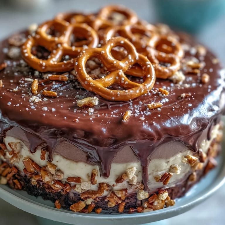 Rich chocolate peanut butter pretzel cake, drizzled ganache, perfect for Dad's celebration.