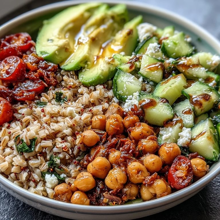 Colorful Ancient Grains Bowl with tahini dressing, a satisfying plant-based meal.