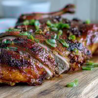 Golden-brown Five-Spice Roast Duck glazed with honey and orange, resting beside star anise and fresh orange slices.