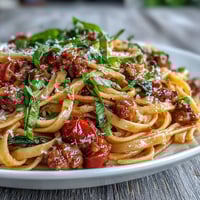 A close-up of Italian Drunken Noodles with spicy sausage, sweet cherry tomatoes, and fresh basil in a rich red wine sauce.