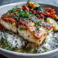 Golden pan-seared fish atop fluffy rice with roasted zucchini, bell peppers, and a zesty lemon sauce drizzle in a vibrant healthy bowl.
