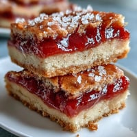 Golden-baked Guava Cake Bars with a luscious pink guava filling, cut into neat squares on a wooden board.  