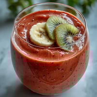 Two glasses of creamy Guava Banana Smoothie garnished with fresh guava slices and banana, capturing the refreshing tropical drink in bright morning light.