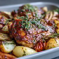 Sheet pan herb chicken with root veggies, golden and crisp, served with roasted carrots and parsnips.  