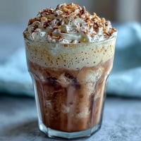 Iced Vanilla Bean Frappuccino with Toasted Coconut Foam, a creamy coffee drink with real vanilla bean and a fluffy coconut milk foam, perfect for warm summer days.