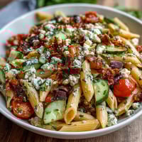 Vibrant Greek pasta salad with olives and feta, showcasing colorful vegetables and crumbled cheese in a tangy Mediterranean dressing.