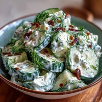 Creamy Cucumber Salad with Dill and Greek Yogurt, featuring crisp cucumbers in a tangy yogurt dressing with fresh dill sprigs.