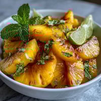 Tropical mango and pineapple display with vibrant fruits and mint garnish for a refreshing party centerpiece.