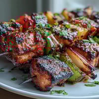 Juicy grilled chicken and sweet pineapple skewers with colorful bell peppers and red onion, perfect for summer BBQs.