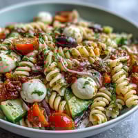 Colorful Easy Summer Pasta Salad with Italian Dressing, featuring cherry tomatoes, cucumbers, and mozzarella in a zesty dressing.