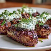 Juicy lamb kofta skewers seasoned with cumin and coriander, grilled to perfection and served with creamy homemade tzatziki sauce.  
