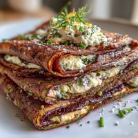 Savory buckwheat crepes filled with fresh spring vegetables and creamy herbed cheese, perfect for brunch.  