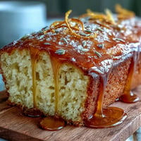 A golden lemon lavender loaf cake drizzled with honey glaze, garnished with lemon zest and lavender buds.  