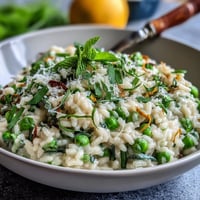 Creamy spring pea risotto with fresh mint, Parmesan, and lemon zest, a vibrant vegetarian main dish perfect for spring.